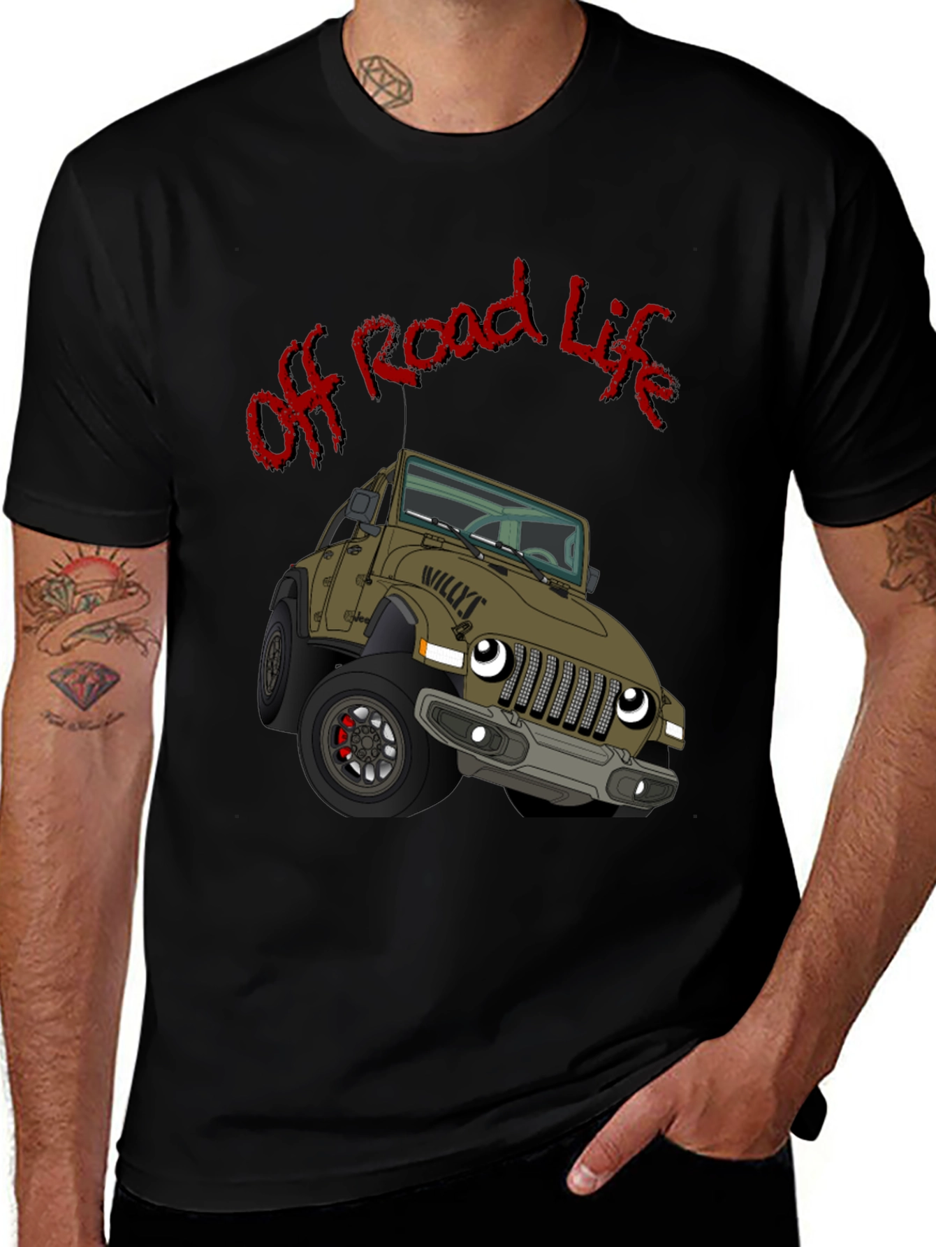 Off Road Life Cartoon Jeep Black T-Shirt