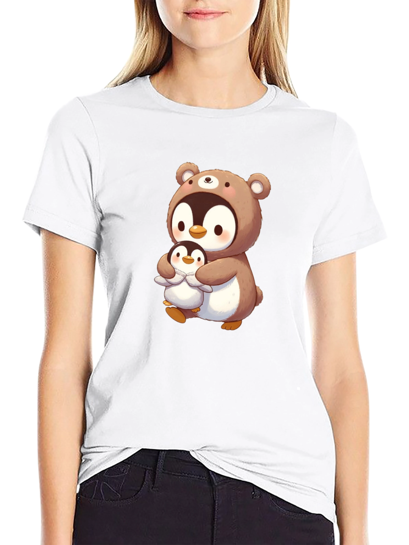 Cute Penguin Bear Hug T-Shirt - Black