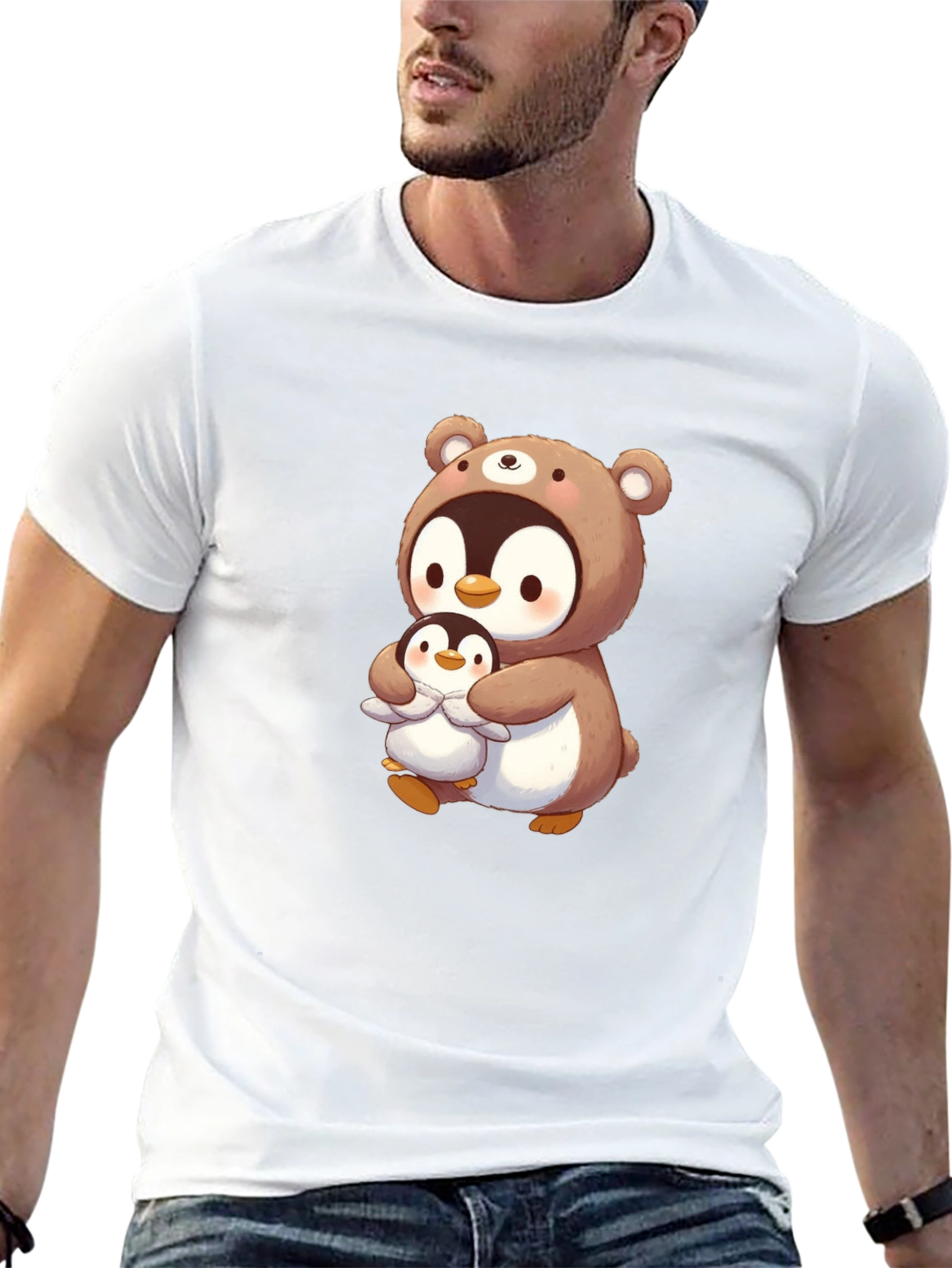 Cute Penguin Bear Hug T-Shirt - Black