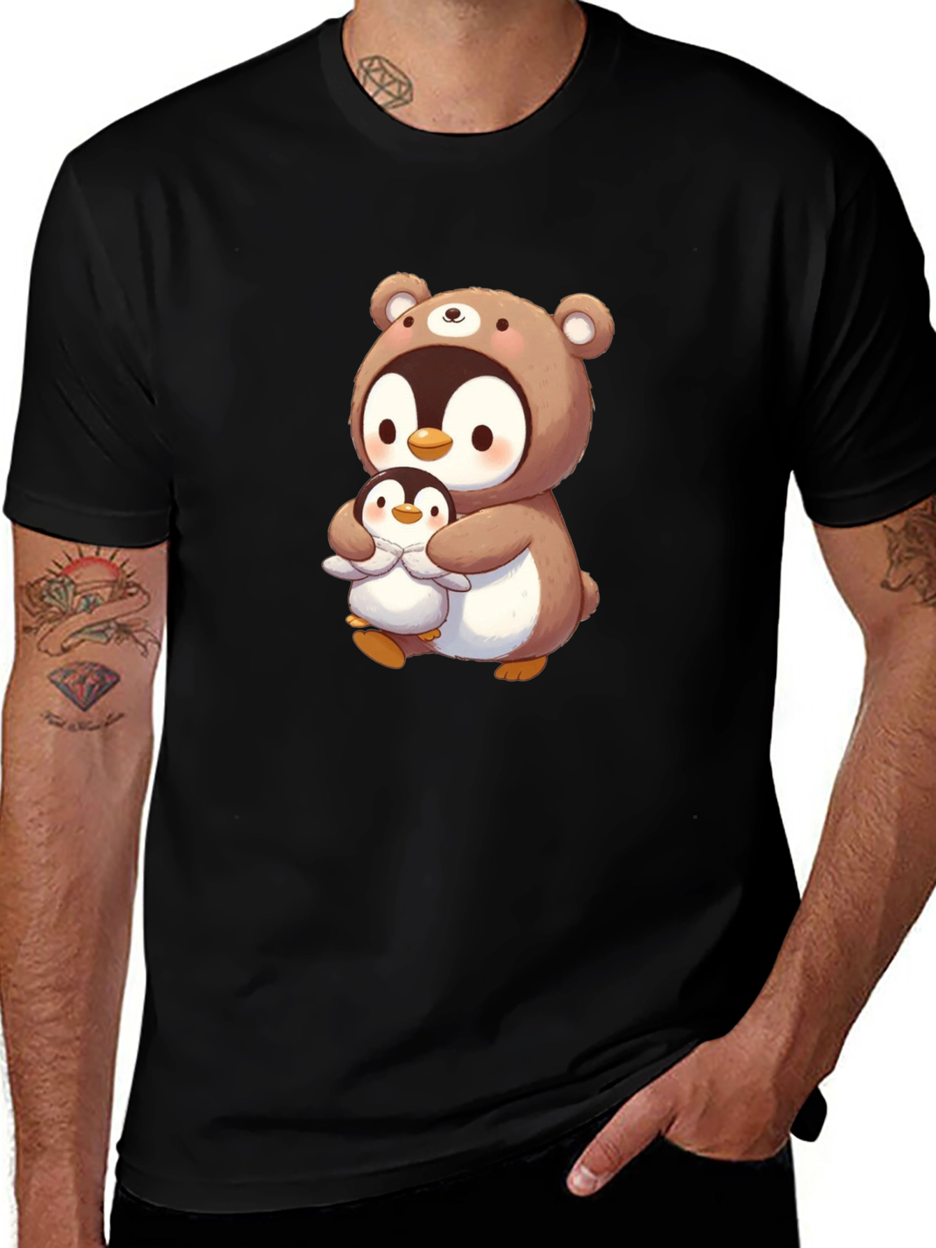 Cute Penguin Bear Hug T-Shirt - Black