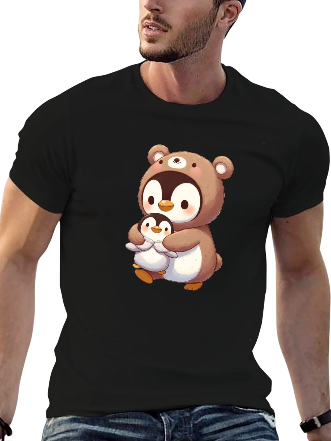 Cute Penguin Bear Hug T-Shirt - Black