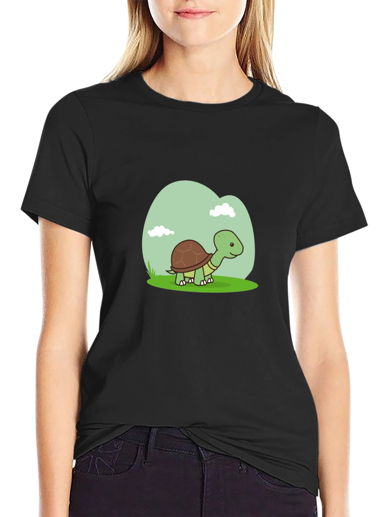 Cute Turtle Graphic Tee - Black Cotton T-Shirt