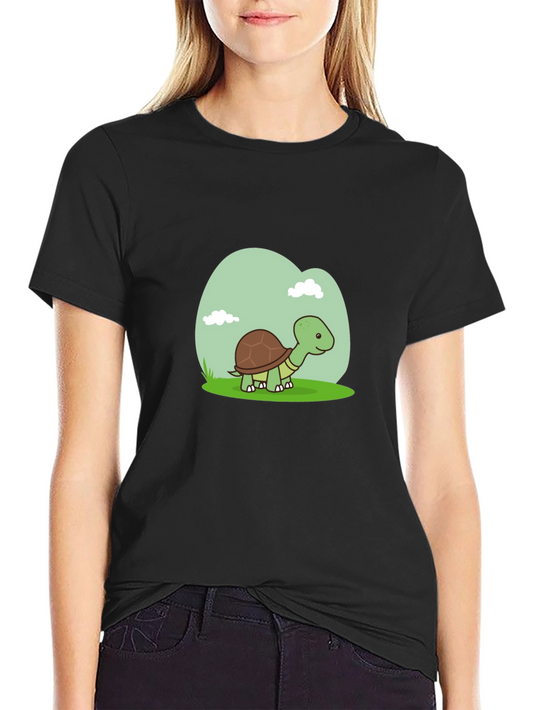 Cute Turtle Graphic Tee - Black Cotton T-Shirt