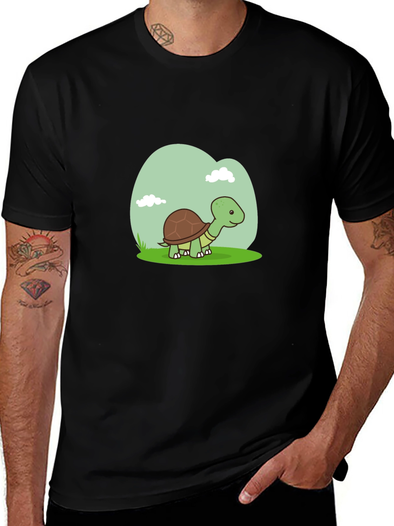 Cute Turtle Graphic Tee - Black Cotton T-Shirt