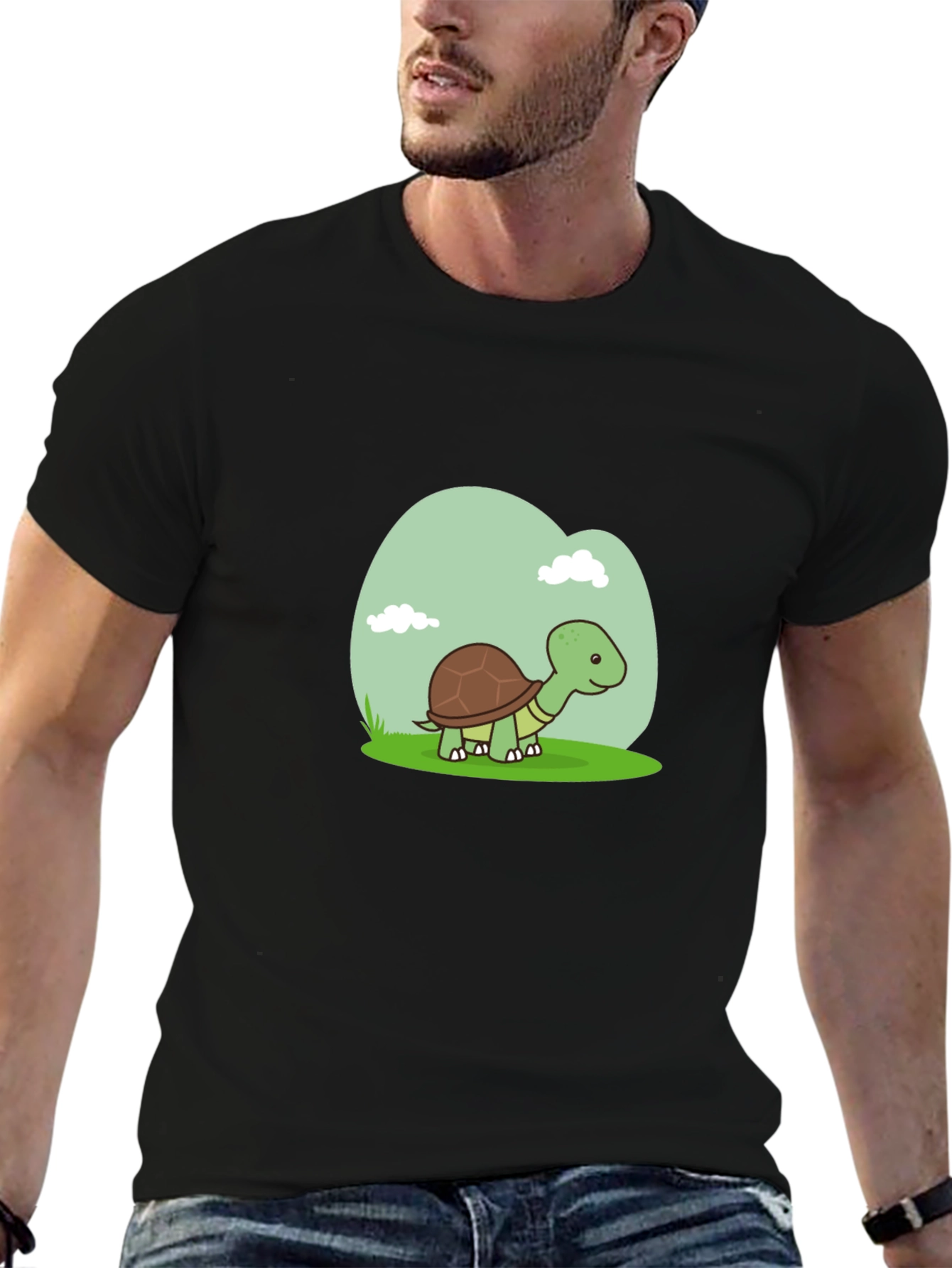Cute Turtle Graphic Tee - Black Cotton T-Shirt