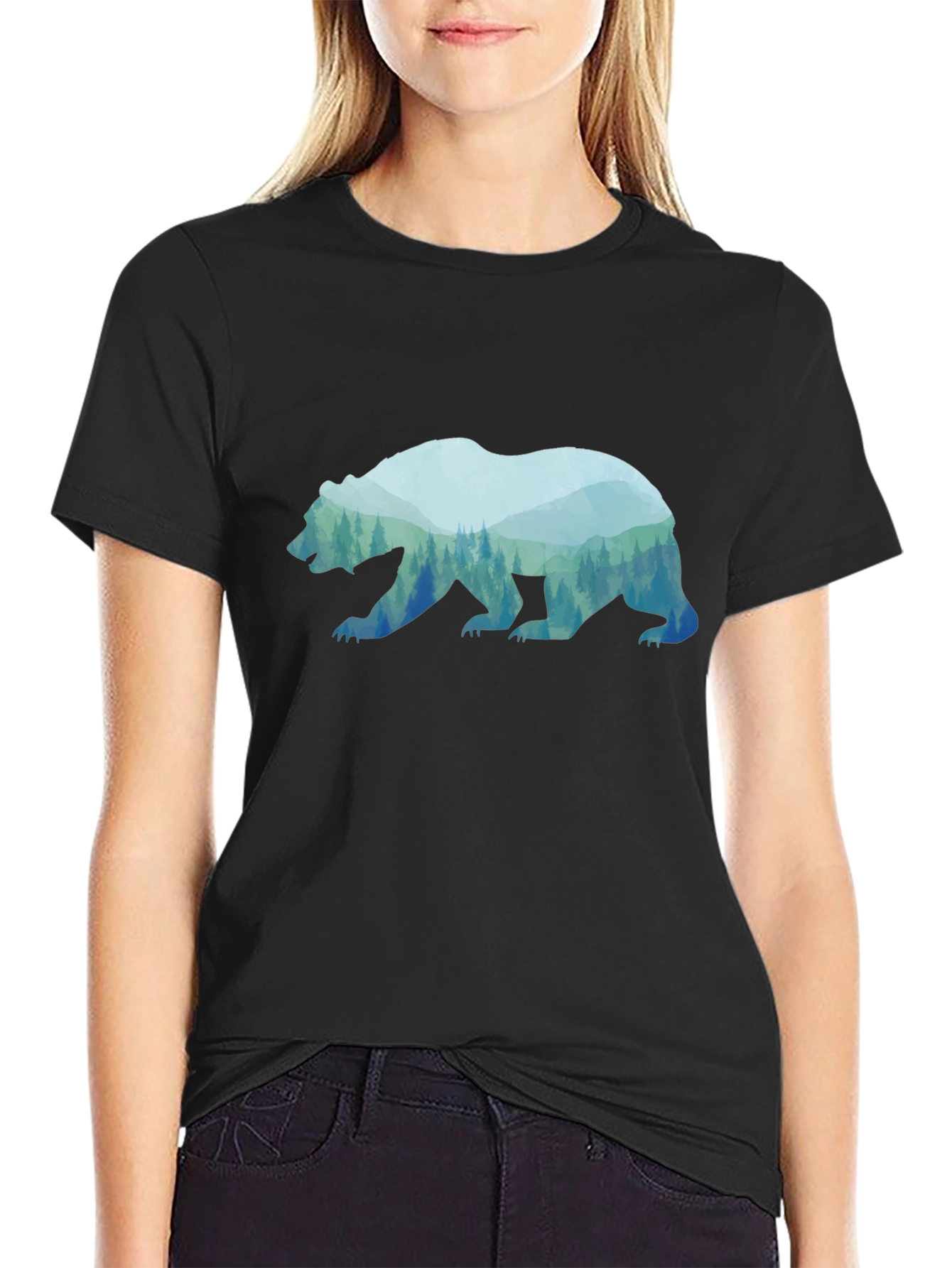 Bear Silhouette Forest Graphic Tee - Black