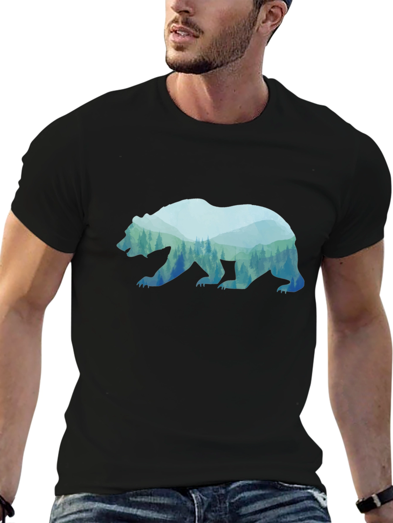 Bear Silhouette Forest Graphic Tee - Black
