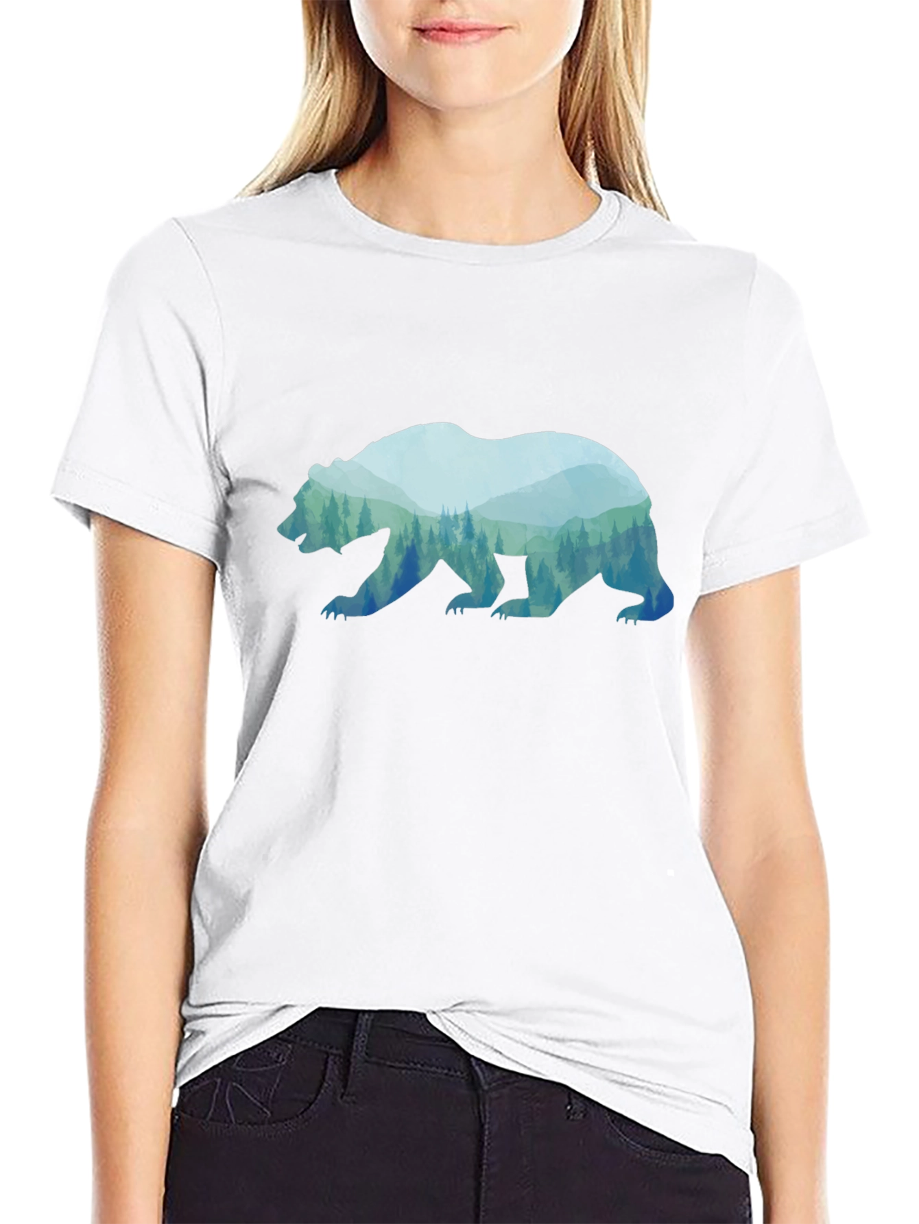 Bear Silhouette Forest Graphic Tee - Black