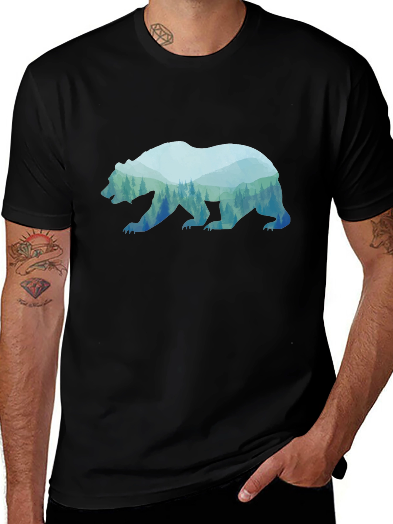 Bear Silhouette Forest Graphic Tee - Black