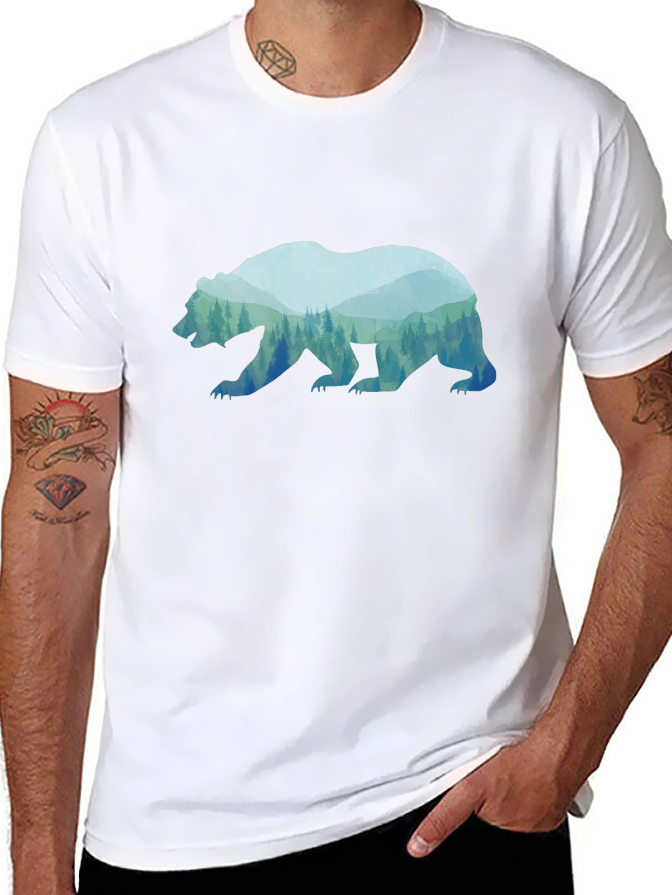 Bear Silhouette Forest Graphic Tee - Black