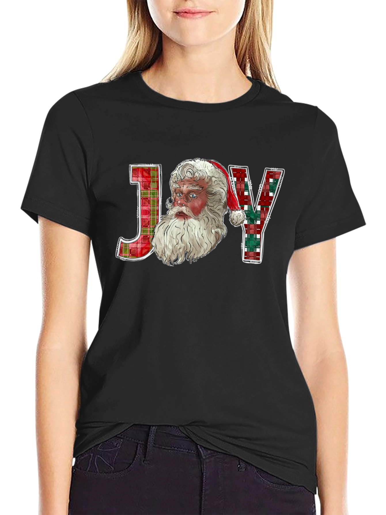 Joy Santa Plaid Christmas T-Shirt