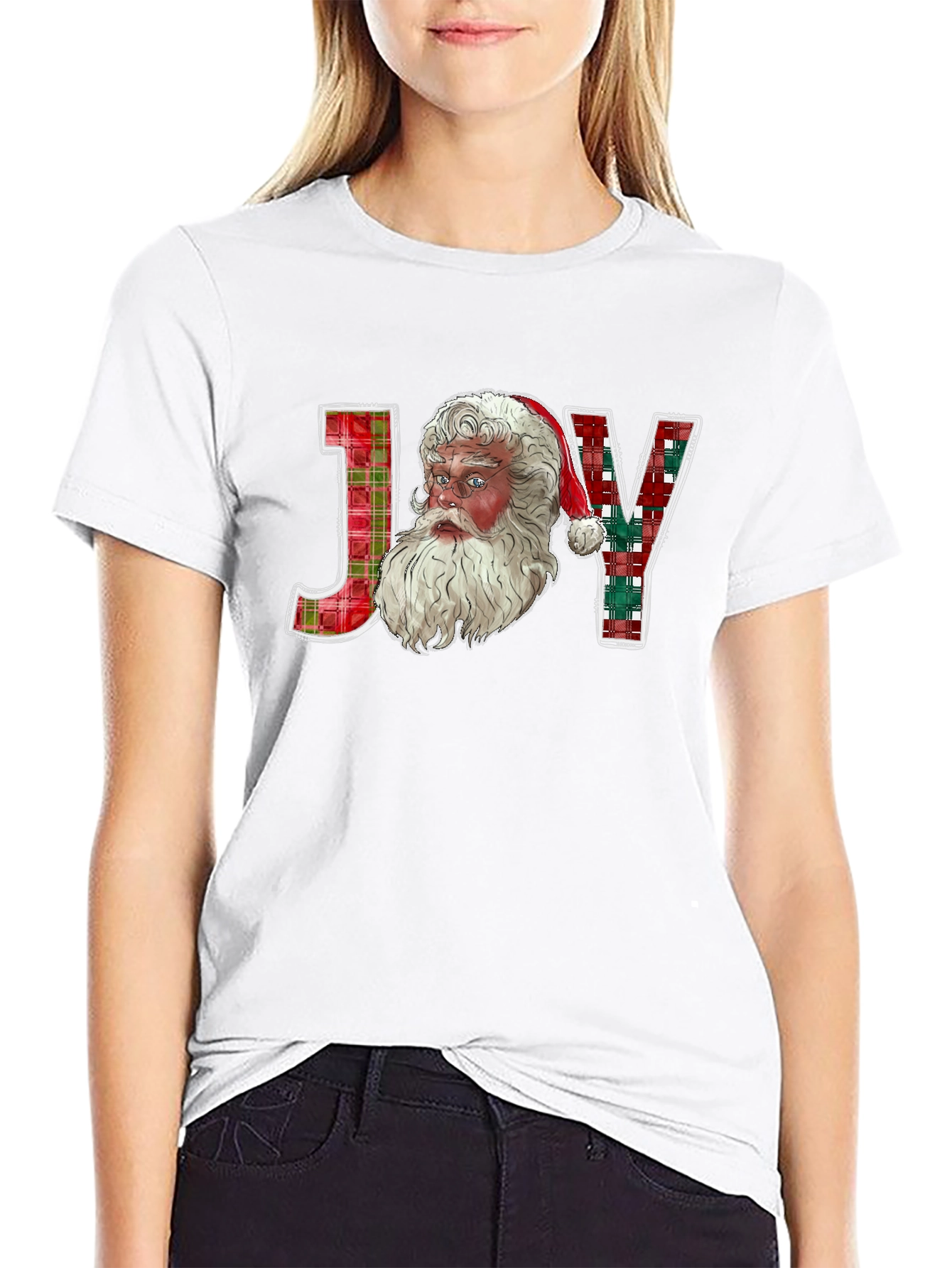 Joy Santa Plaid Christmas T-Shirt