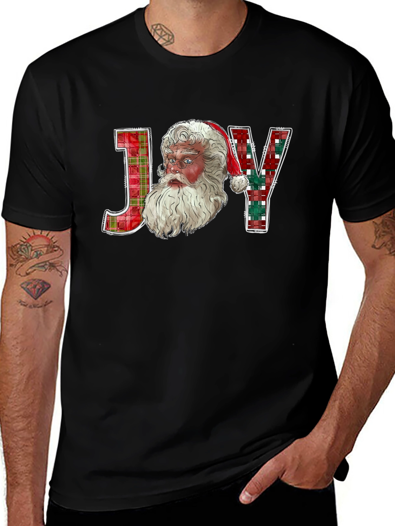 Joy Santa Plaid Christmas T-Shirt