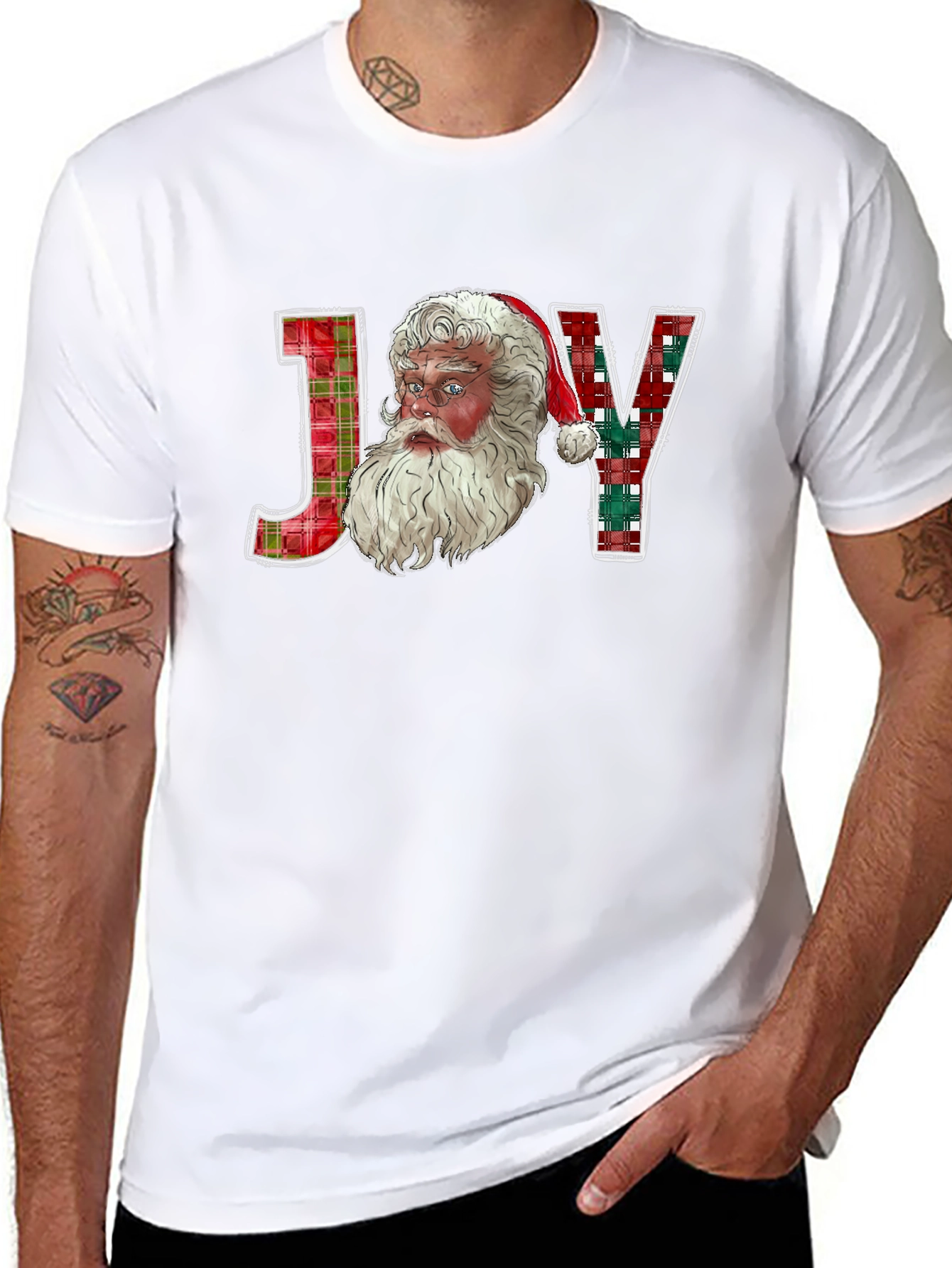 Joy Santa Plaid Christmas T-Shirt