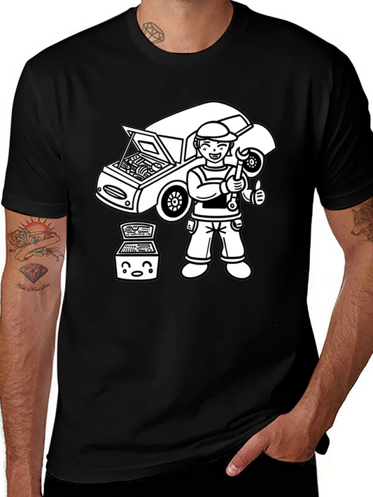 Mechanic Cartoon T-Shirt - Black Graphic Tee
