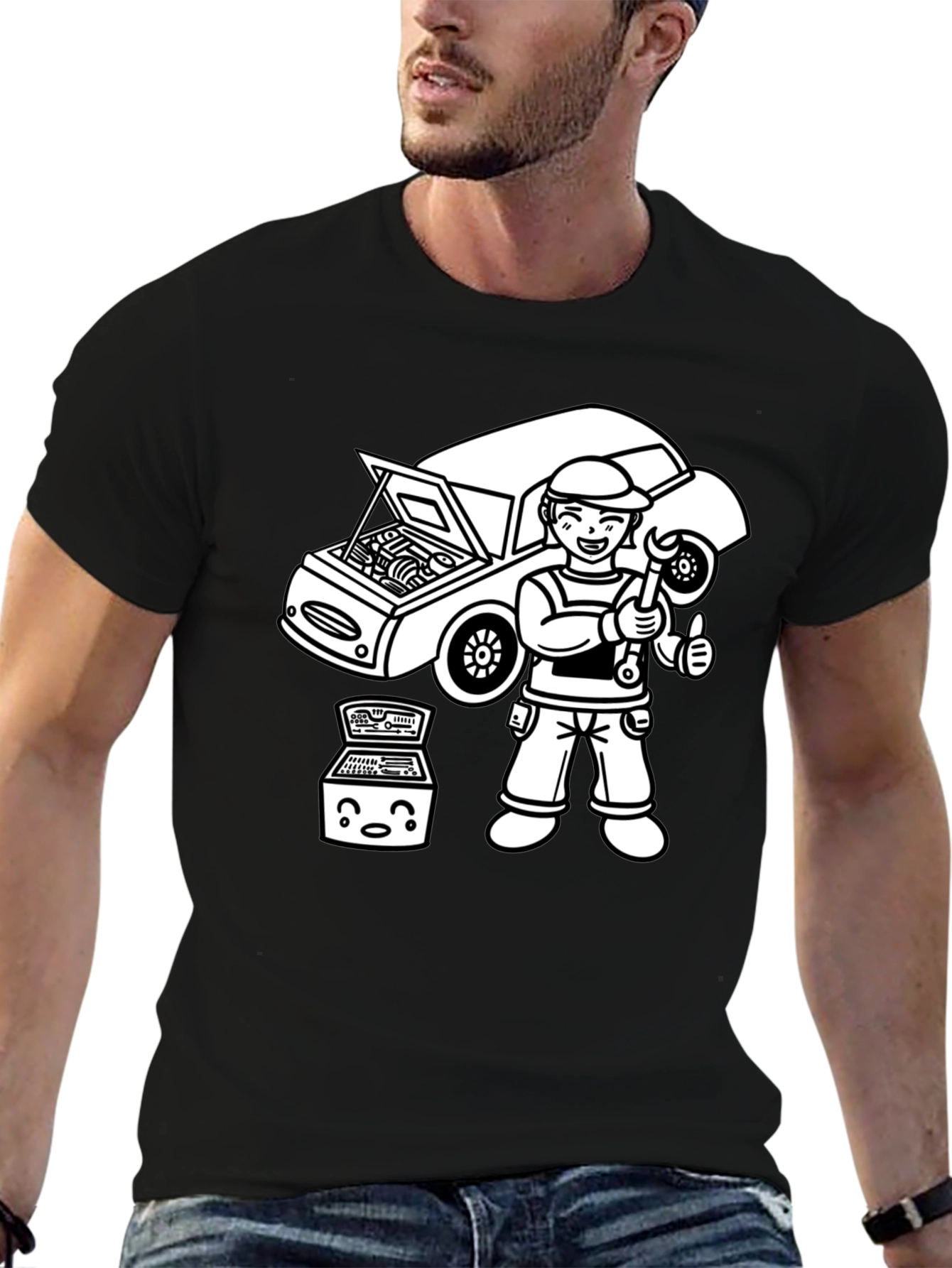 Mechanic Cartoon T-Shirt - Black Graphic Tee