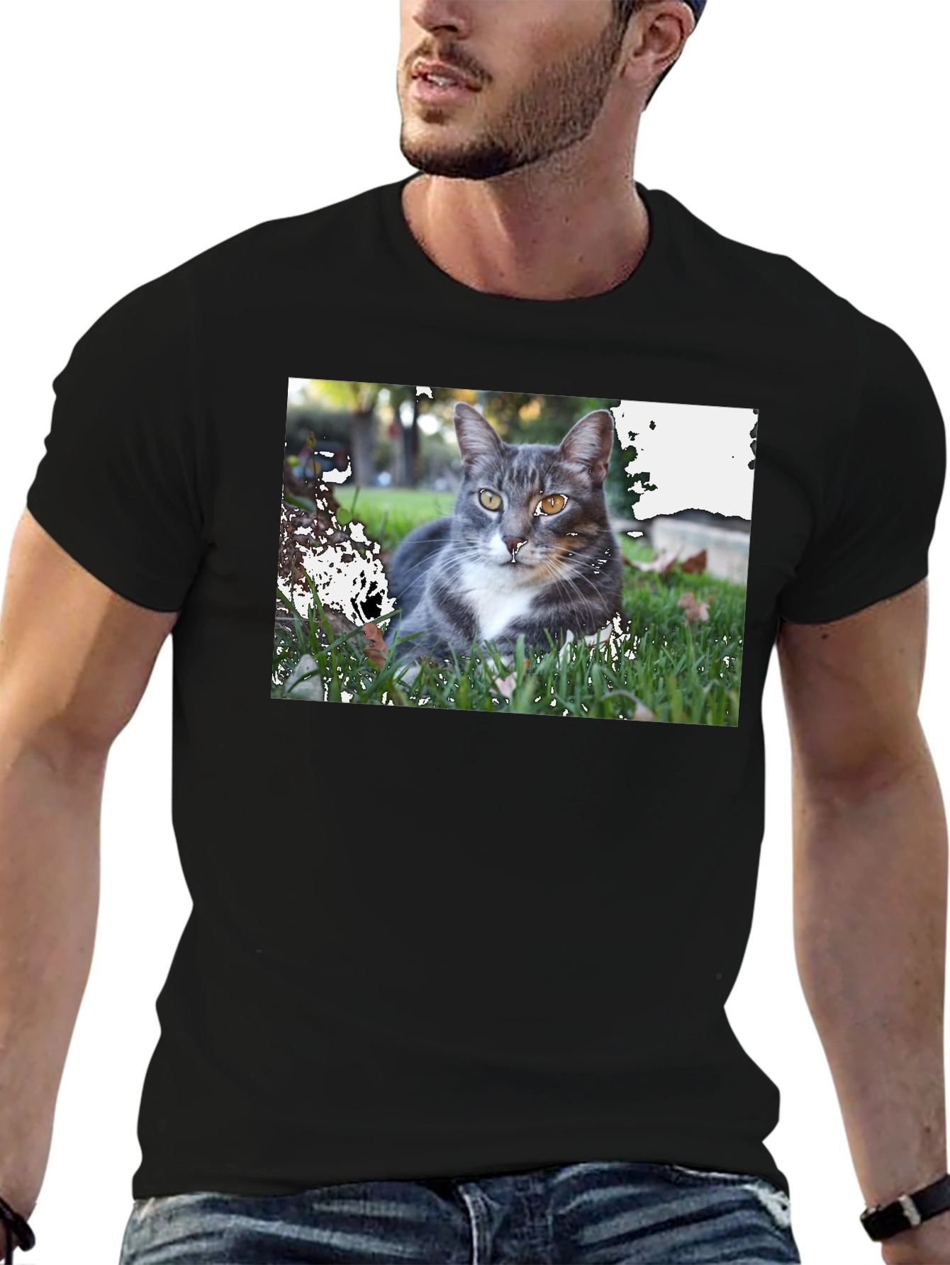 Gray Cat Graphic Tee - Mens Black T-Shirt