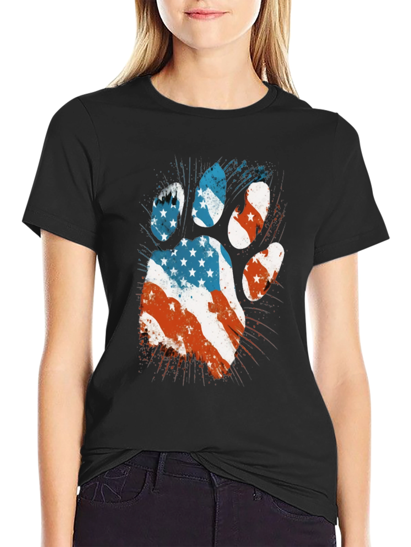 American Flag Paw Print Mens Black T-Shirt