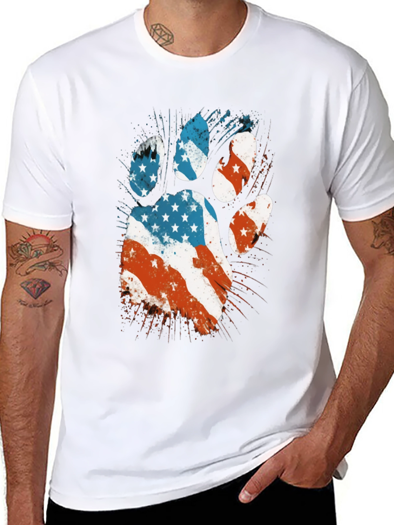 American Flag Paw Print Mens Black T-Shirt