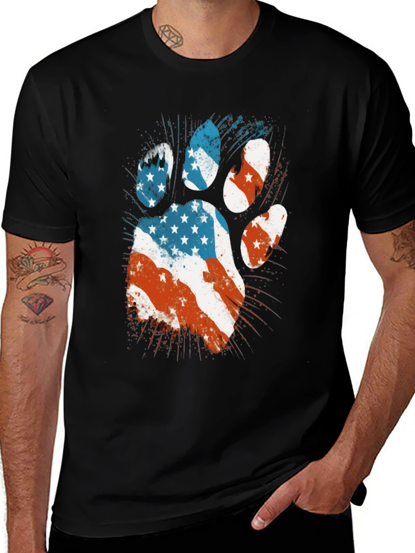 American Flag Paw Print Mens Black T-Shirt