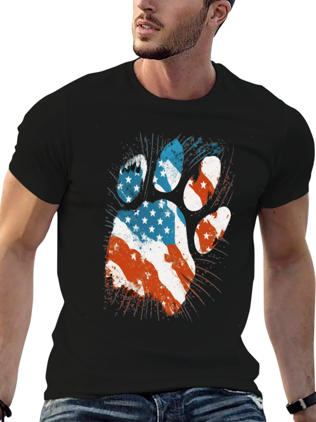 American Flag Paw Print Mens Black T-Shirt