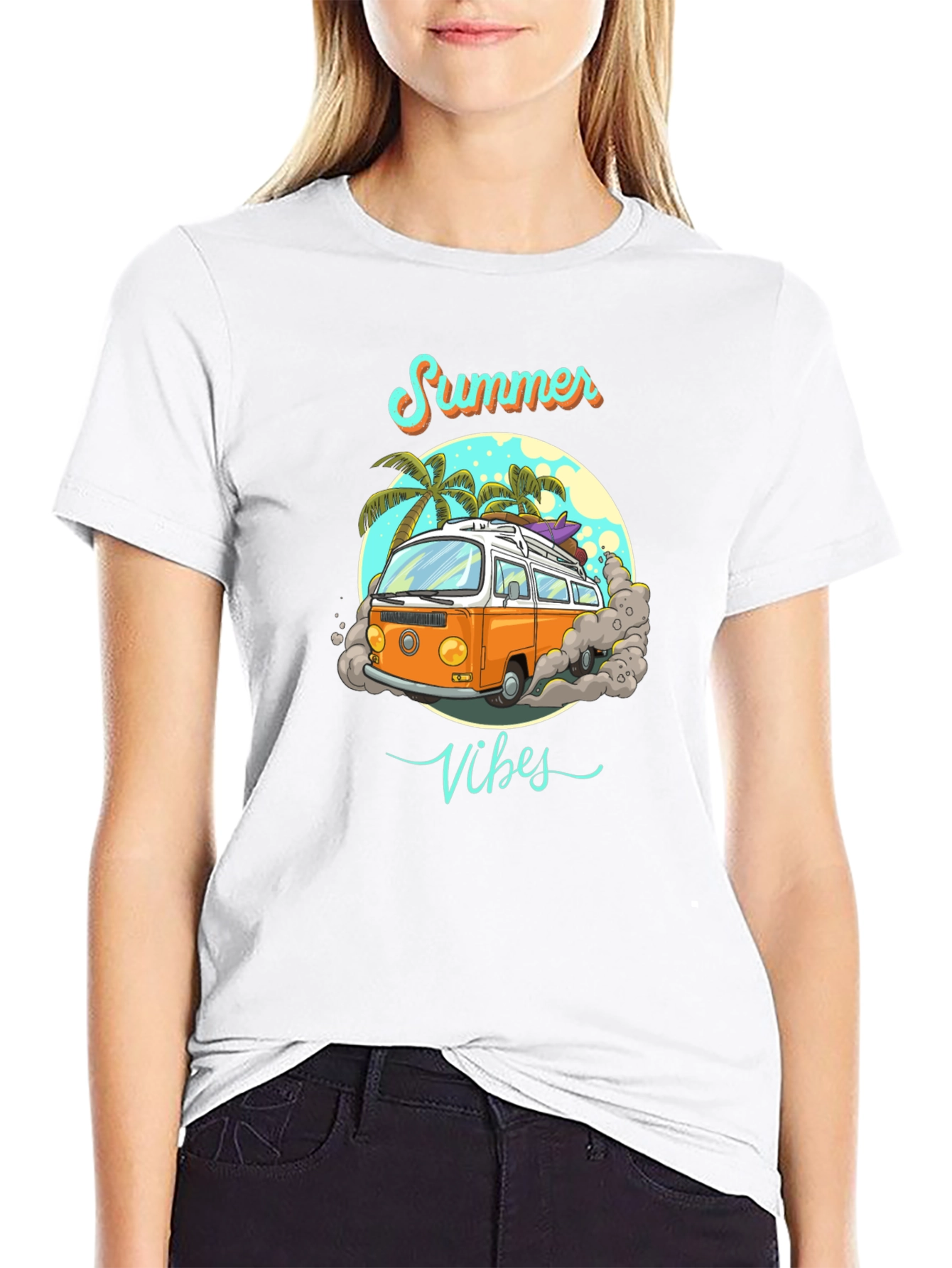 Summer Vibes Retro Van Graphic Tee - Black