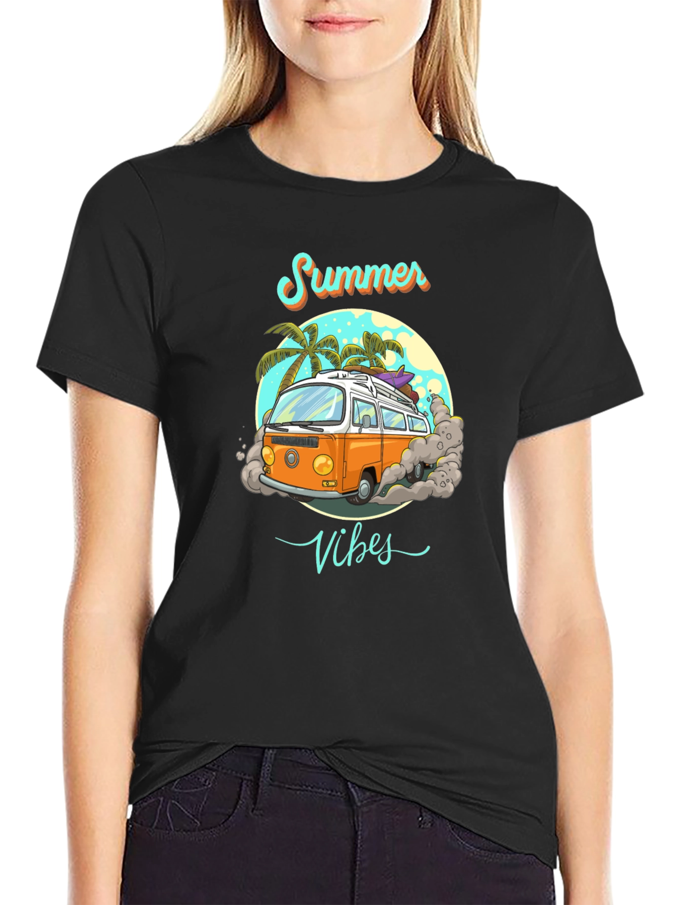 Summer Vibes Retro Van Graphic Tee - Black