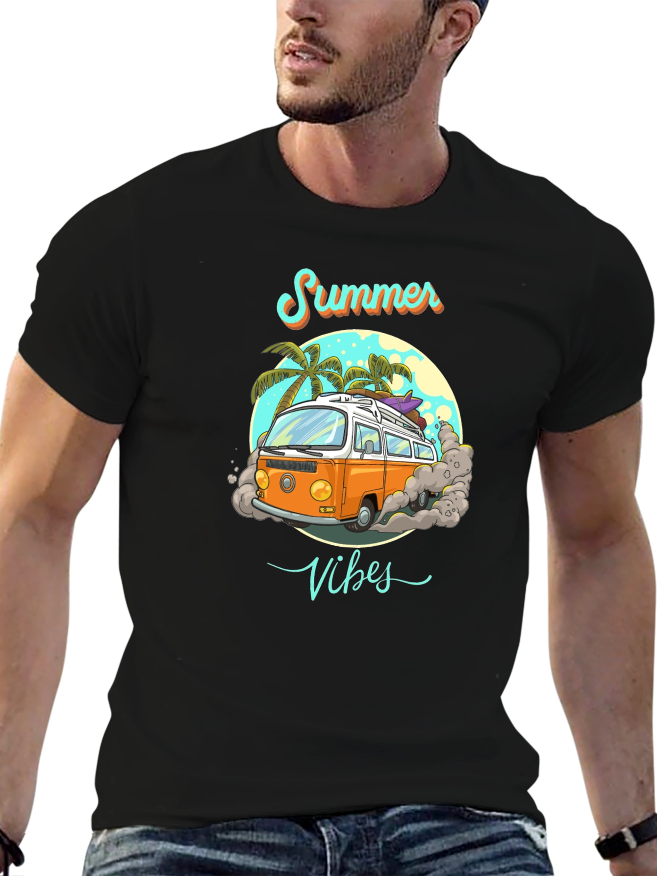 Summer Vibes Retro Van Graphic Tee - Black