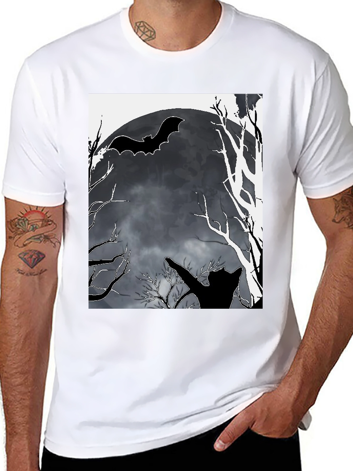 Halloween T-Shirt Bat Moon Cat Black