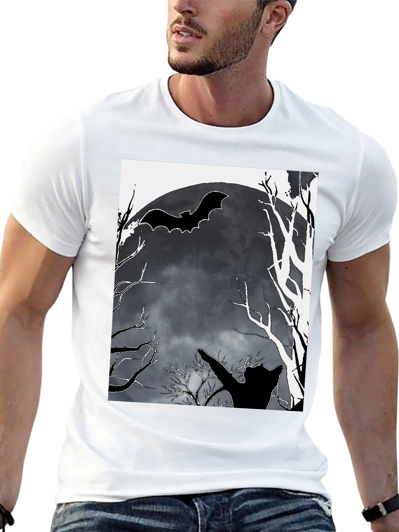 Halloween T-Shirt Bat Moon Cat Black