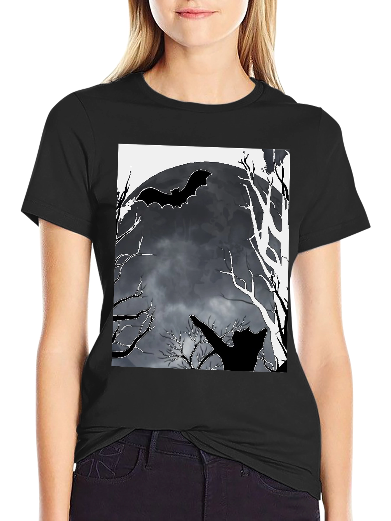 Halloween T-Shirt Bat Moon Cat Black