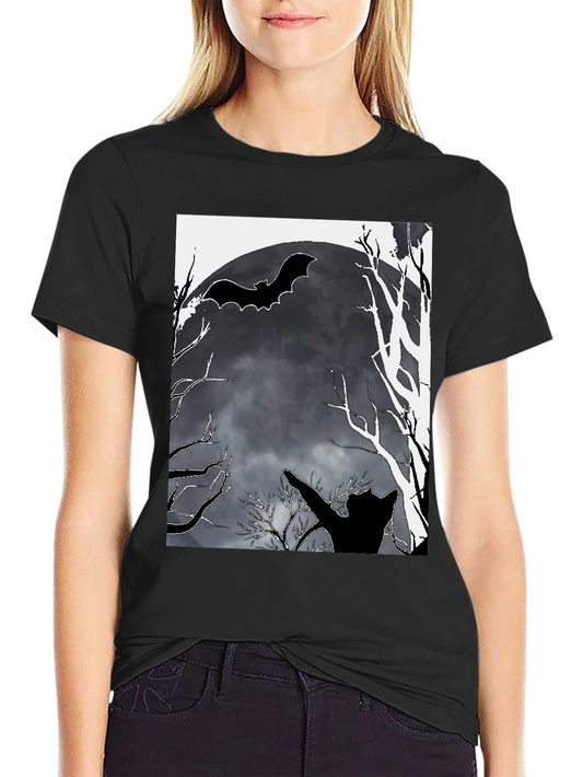 Halloween T-Shirt Bat Moon Cat Black