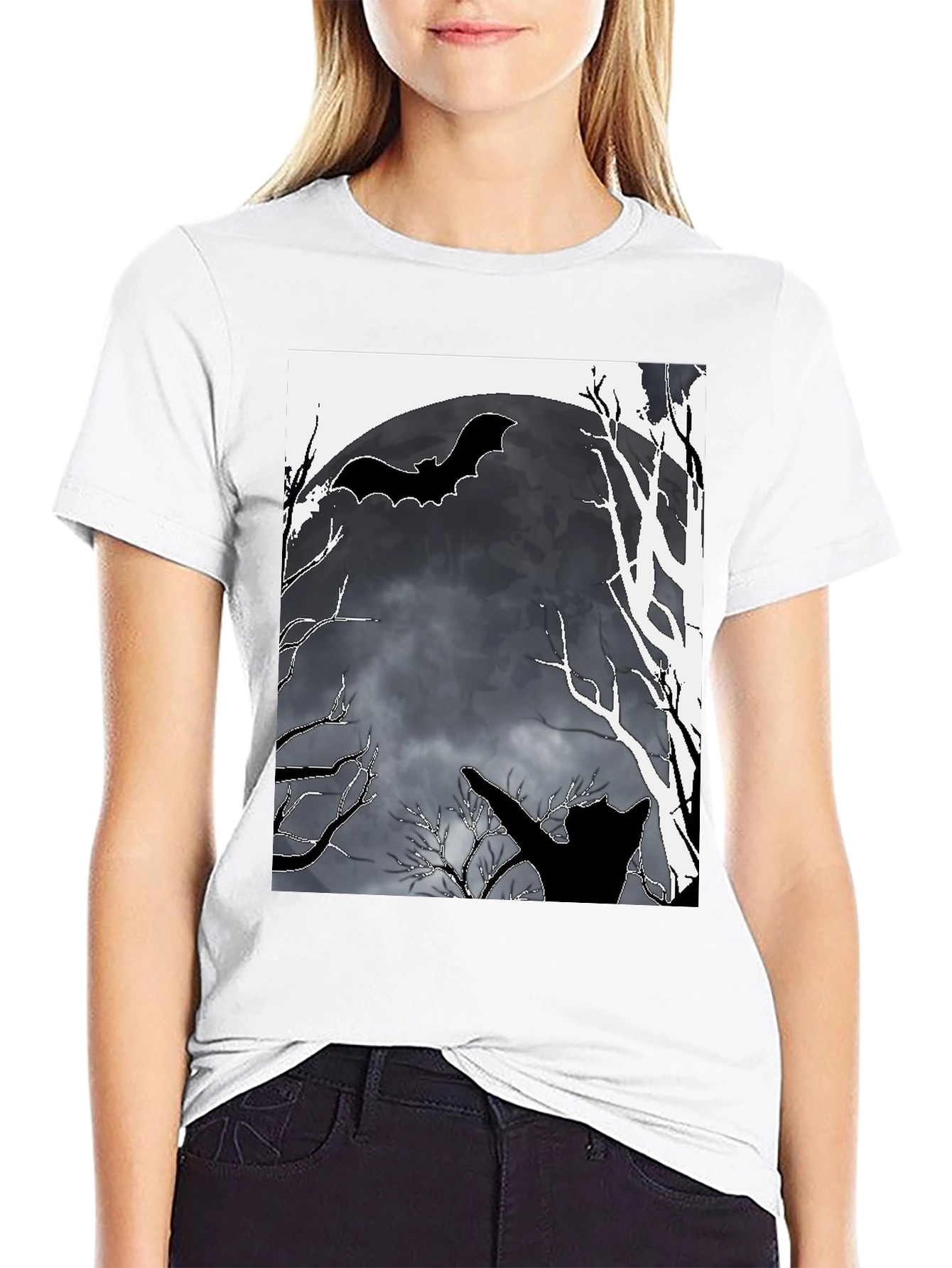 Halloween T-Shirt Bat Moon Cat Black