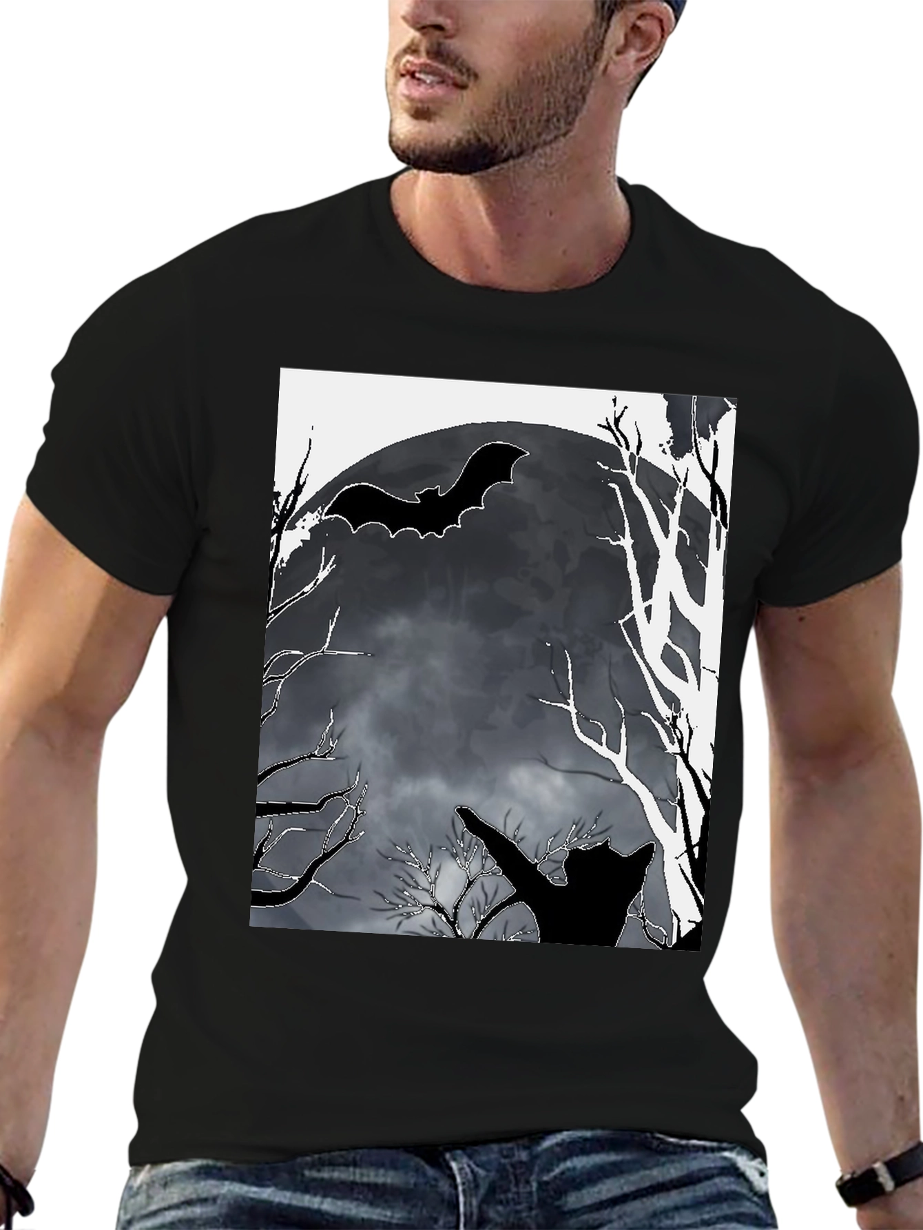 Halloween T-Shirt Bat Moon Cat Black