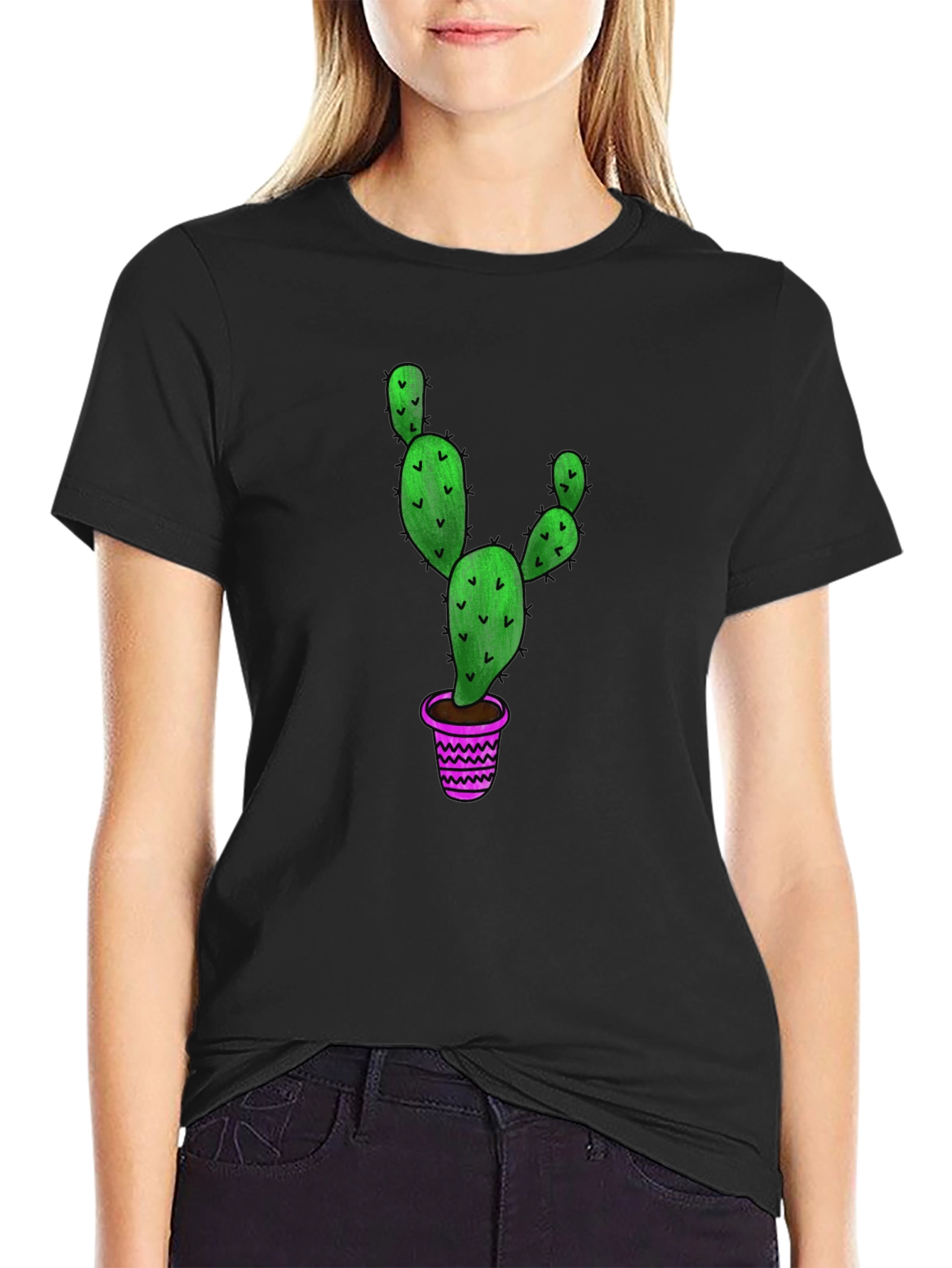 Cactus Graphic T-Shirt - Black Cotton Blend Casual Tee