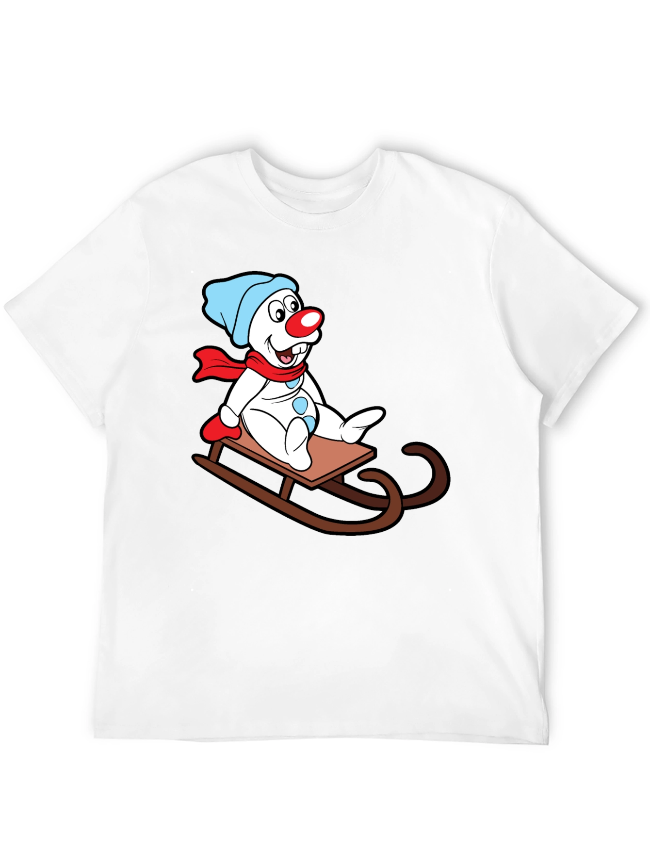 Frosty Sledding T-Shirt - Cartoon Snowman Design