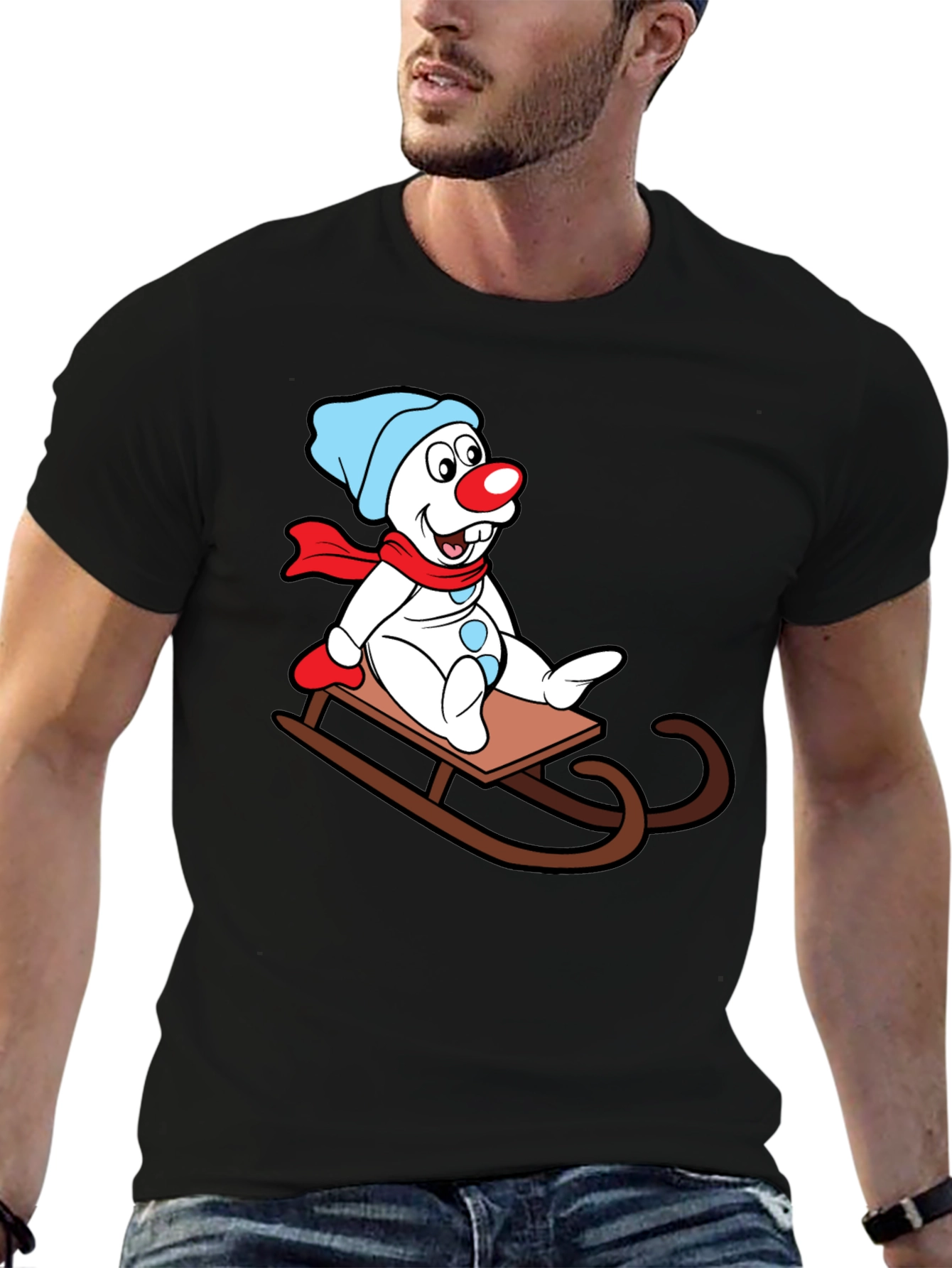 Frosty Sledding T-Shirt - Cartoon Snowman Design