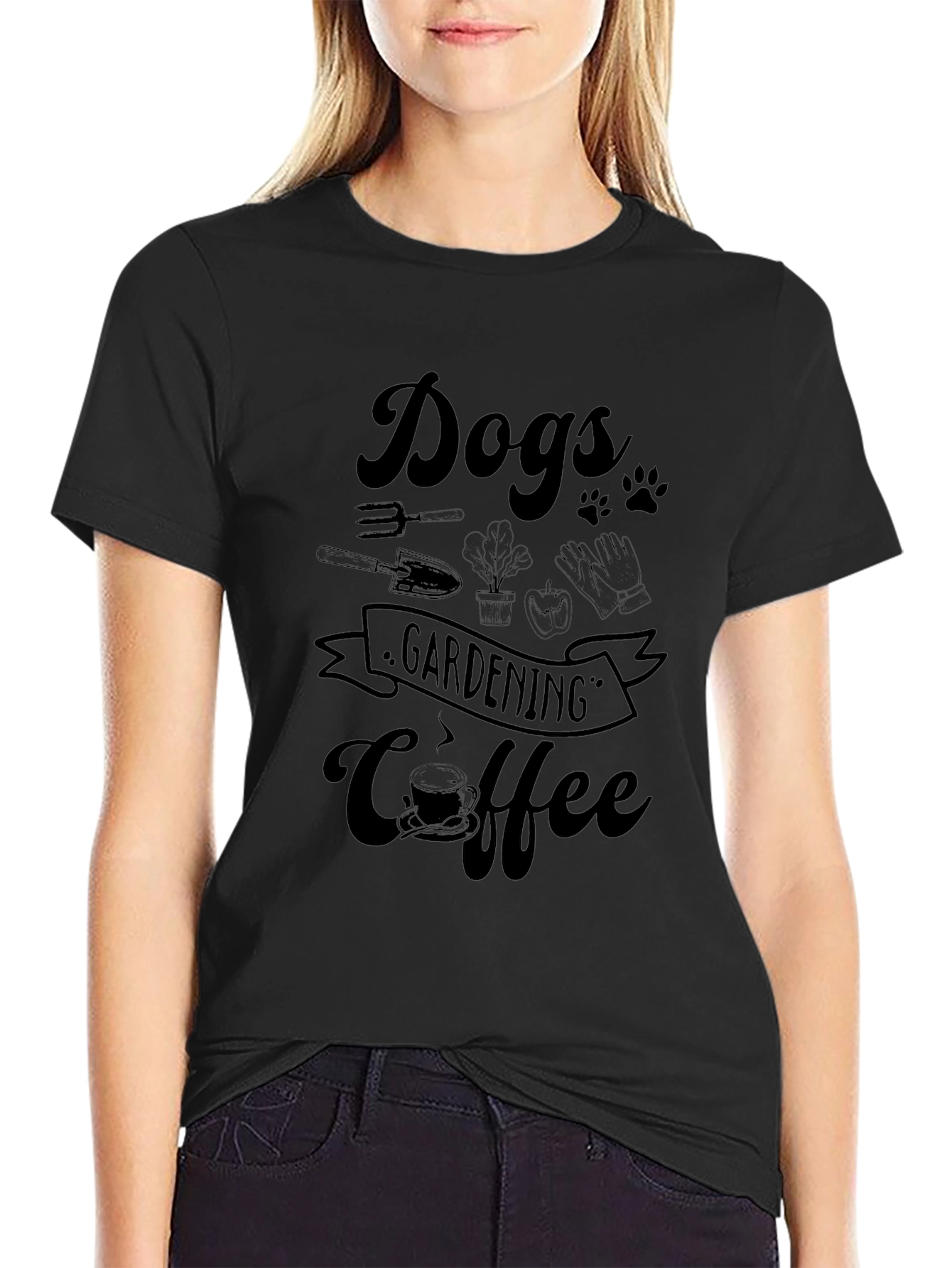 Dogs Gardening Coffee Black Graphic Tee