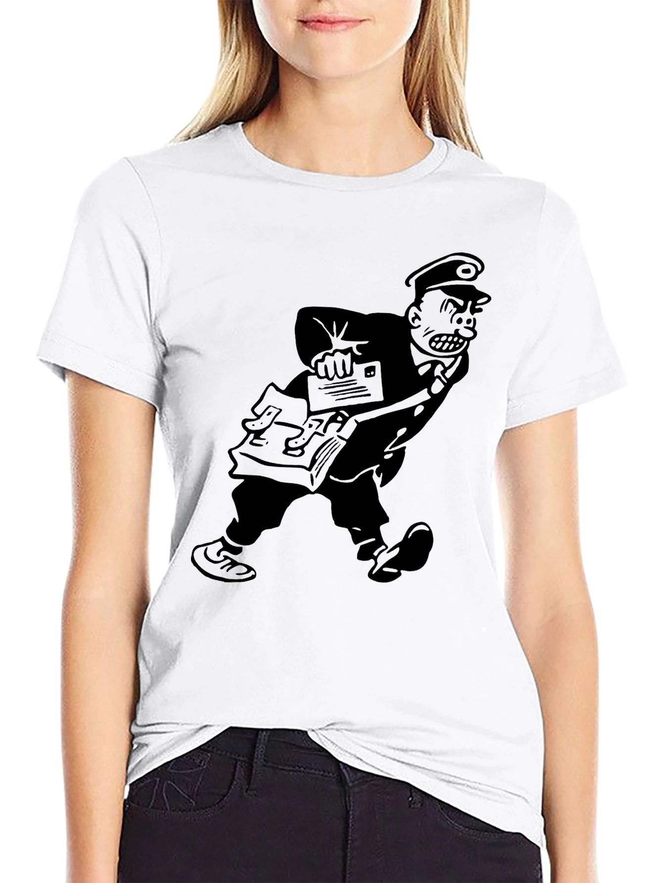 Angry Postman Cartoon Graphic T-Shirt - Black