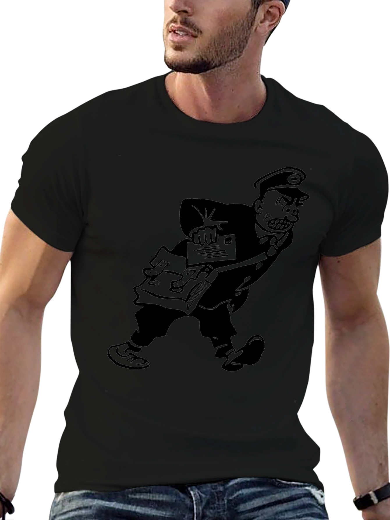 Angry Postman Cartoon Graphic T-Shirt - Black
