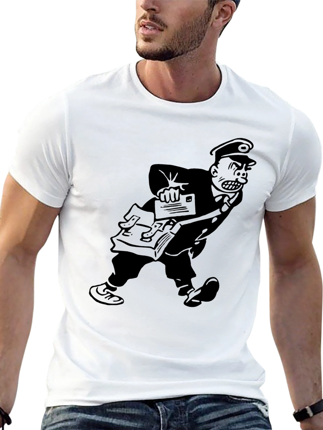 Angry Postman Cartoon Graphic T-Shirt - Black