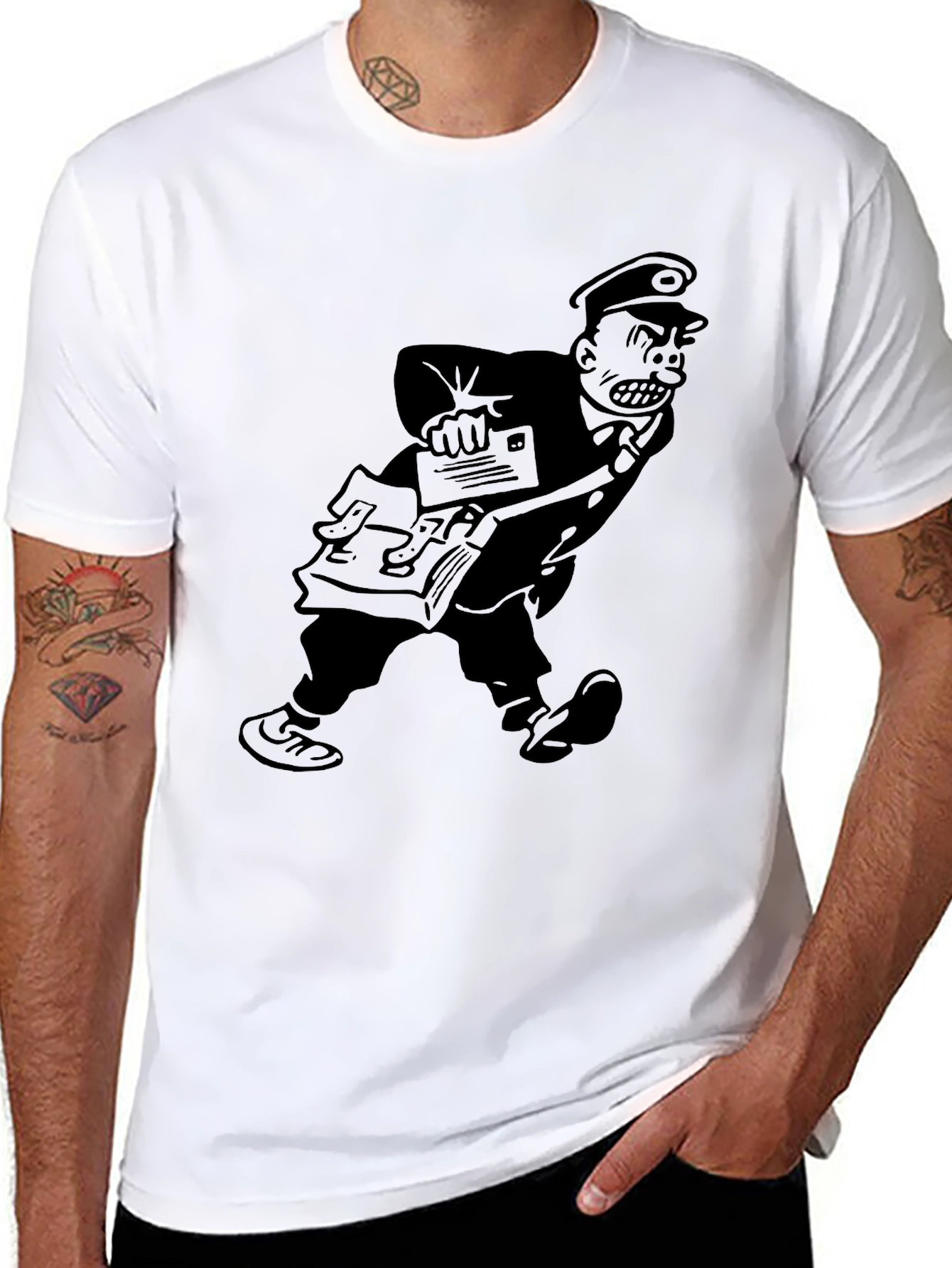 Angry Postman Cartoon Graphic T-Shirt - Black