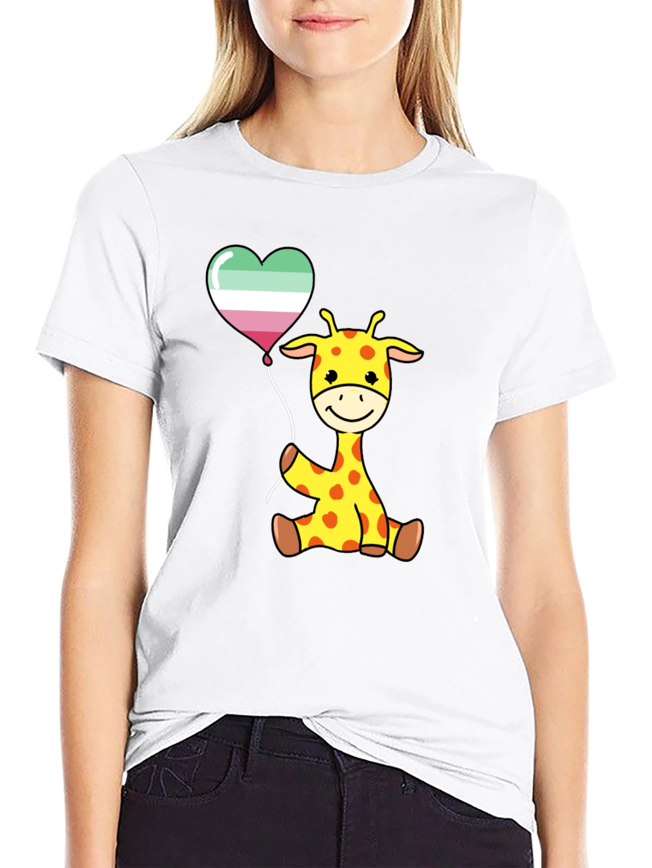 Cute Giraffe with Aro Balloon Black T-Shirt