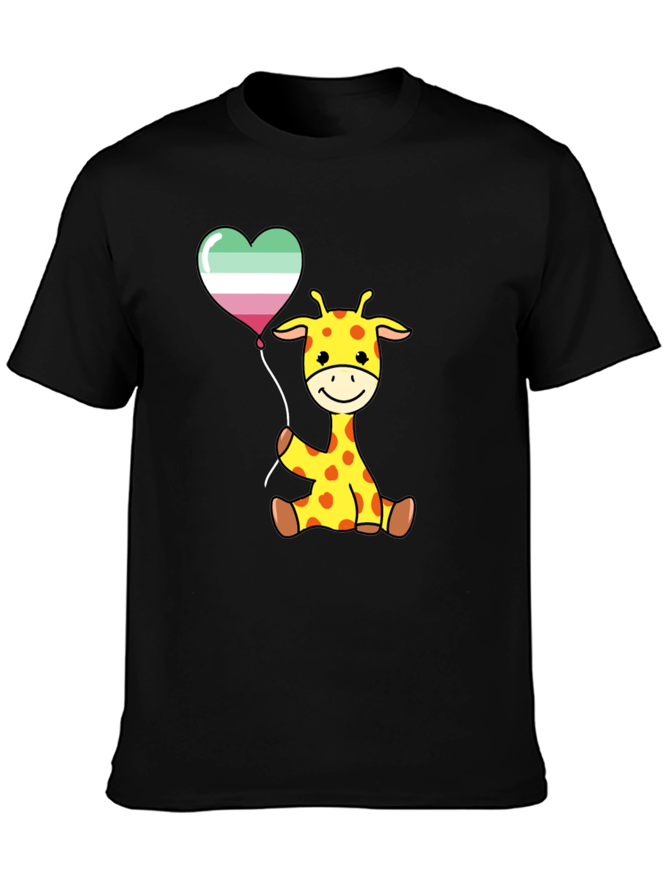Cute Giraffe with Aro Balloon Black T-Shirt