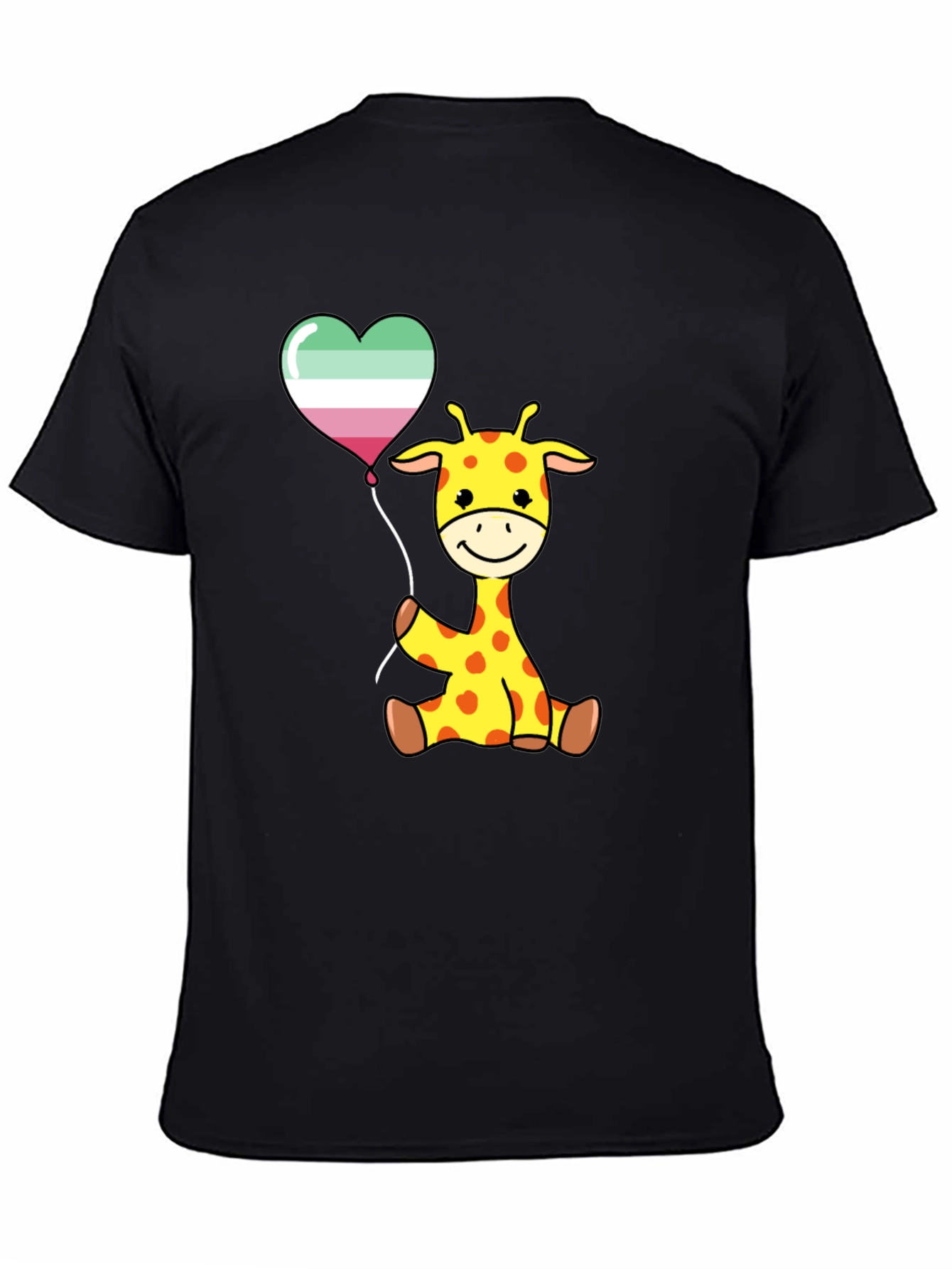 Cute Giraffe with Aro Balloon Black T-Shirt
