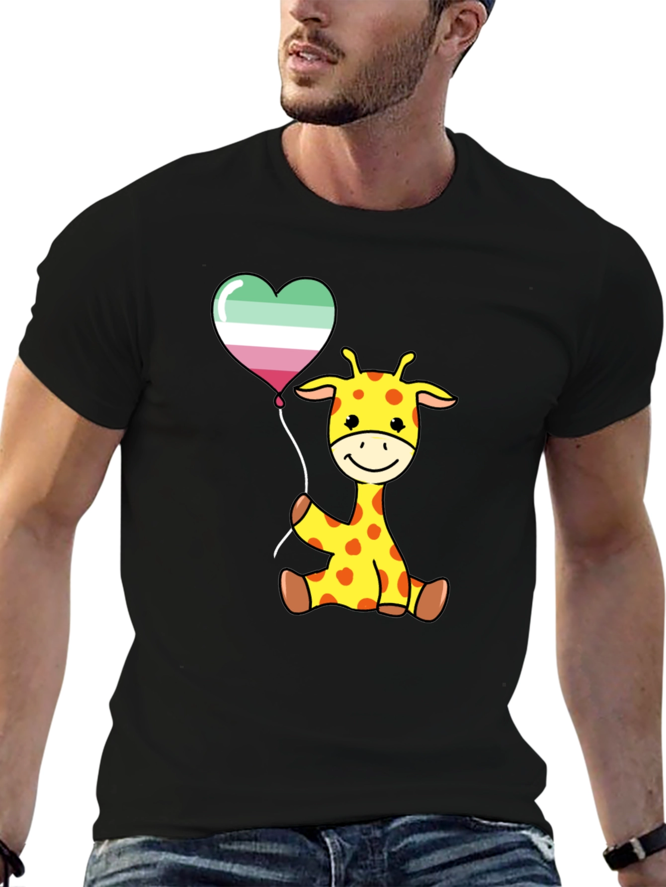 Cute Giraffe with Aro Balloon Black T-Shirt