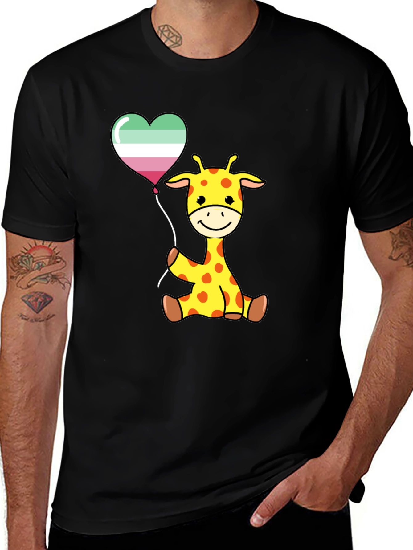 Cute Giraffe with Aro Balloon Black T-Shirt