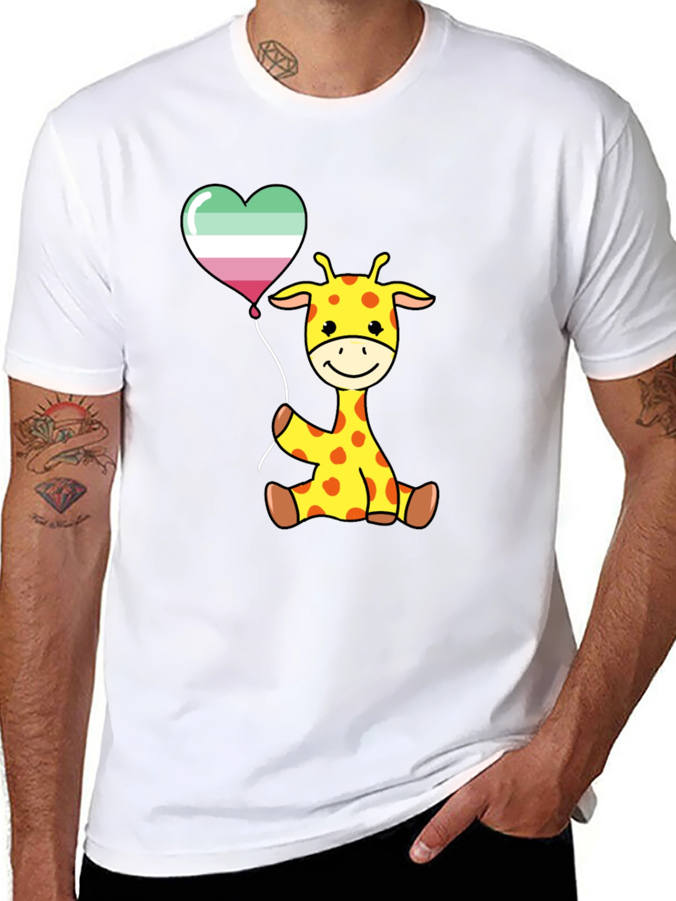 Cute Giraffe with Aro Balloon Black T-Shirt