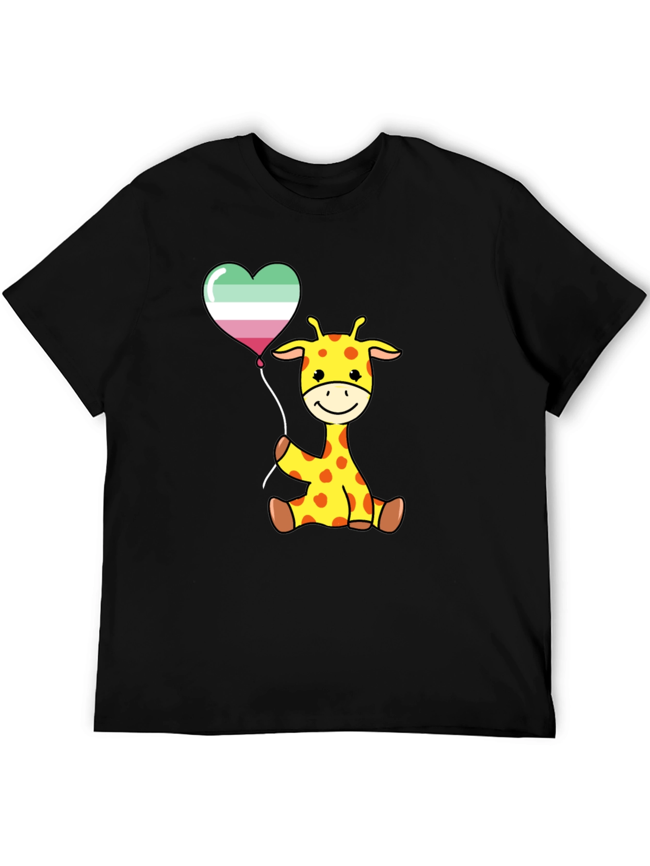 Cute Giraffe with Aro Balloon Black T-Shirt