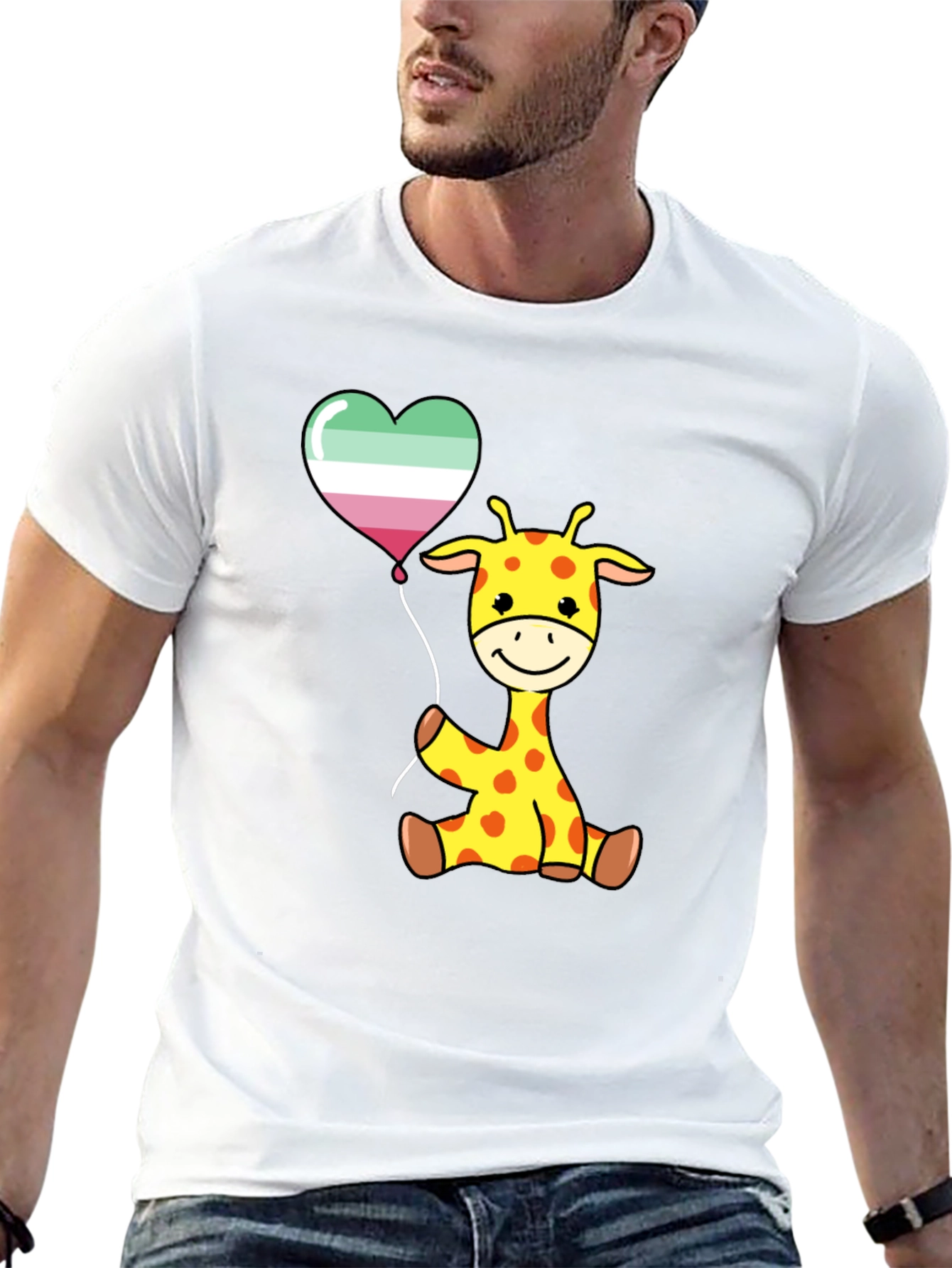 Cute Giraffe with Aro Balloon Black T-Shirt